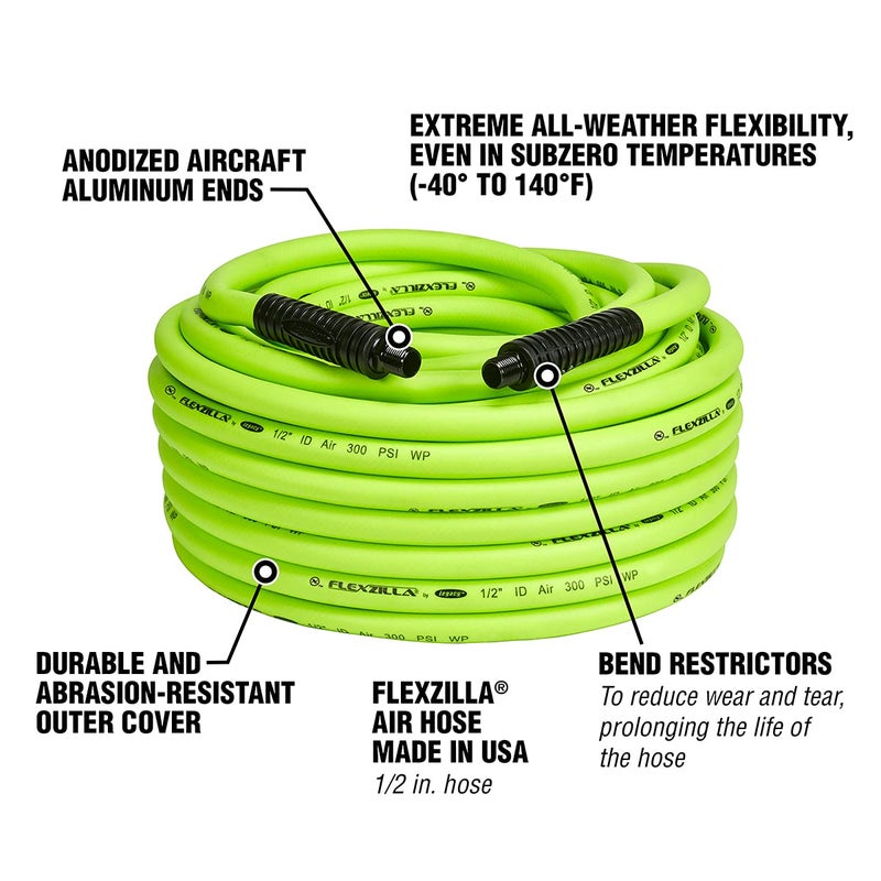 Flexzilla Air Hose, 1/2 in. x 100 ft., 1/2 in. MNPT Fittings, Heavy Duty, Lightweight, Hybrid, ZillaGreen - HFZ12100YW4 - Image 2